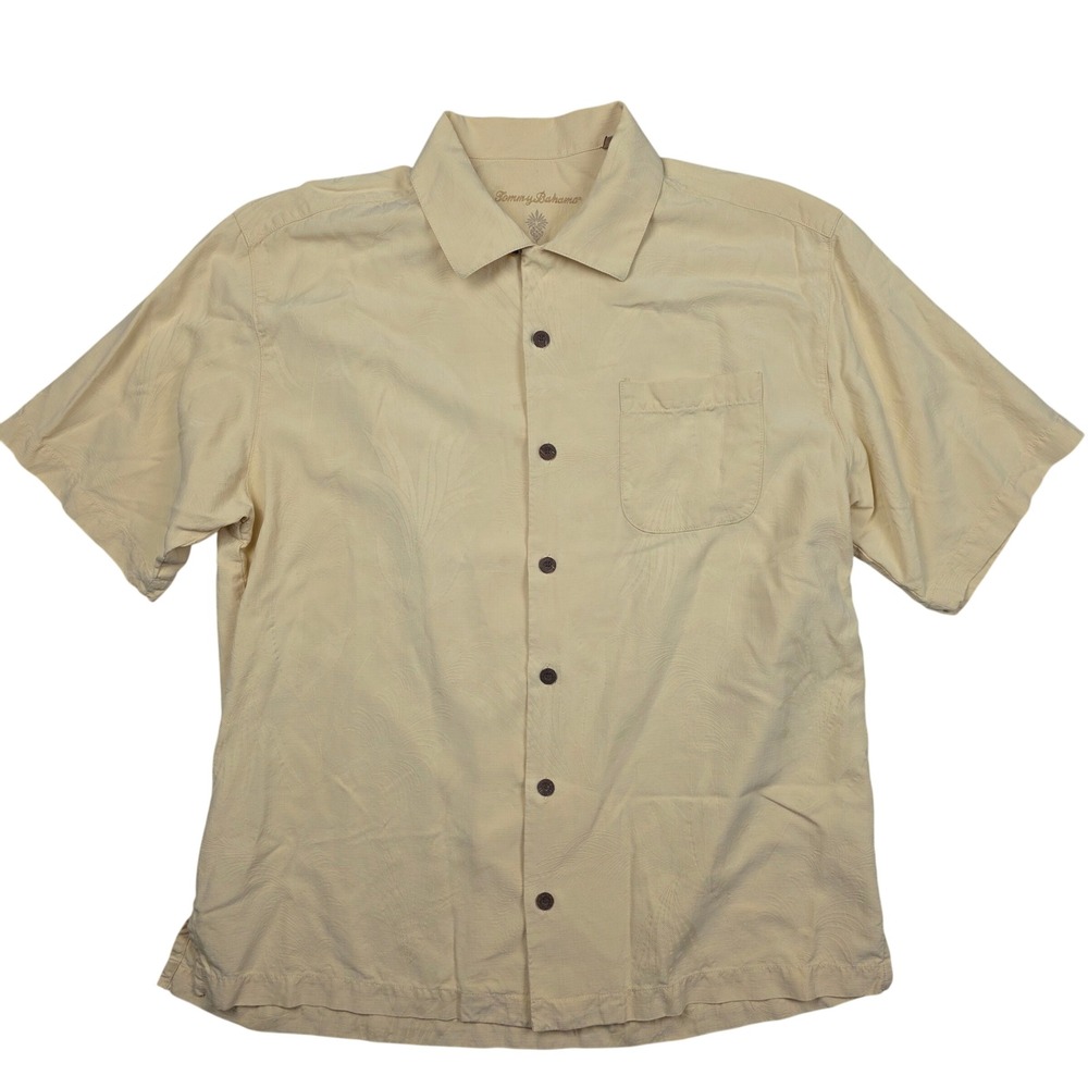 Tommy Bahama Mens Silk Short Sleeve Button Up Shirt Pale Yellow Tropical Large